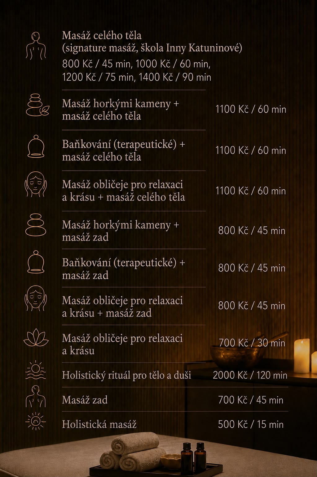 Masérka provádí masáž zad u ležící ženy na bílých ručnících, čisté bílé pozadí.